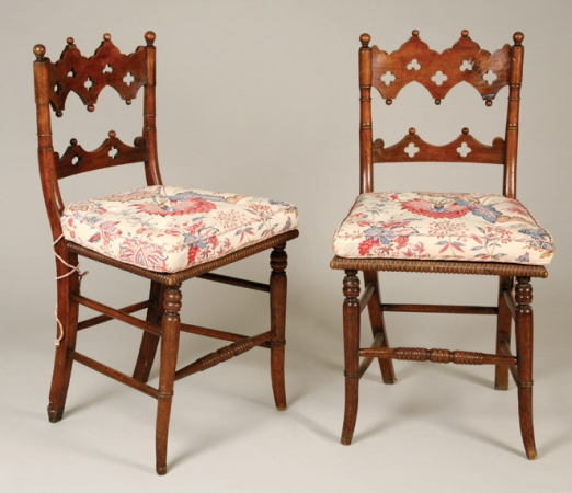 Lot image - Pair of English Neo-Gothic Mahogany and Caned Side Chairs