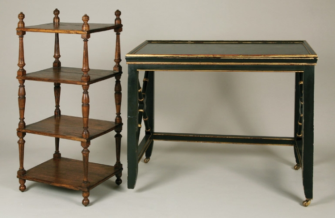 Lot image - Ebonized and Parcel Gilt Side Table; Together with a Victorian Style Stained Oak Whatnot