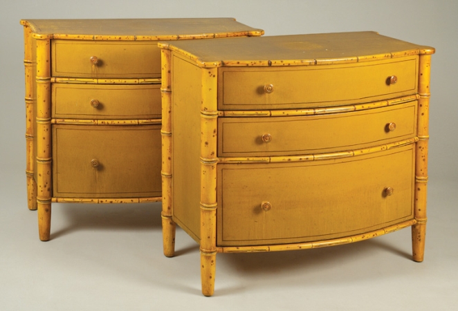 Lot image - Pair of Regency Style Ochre Painted and Faux Bamboo Chest of Drawers