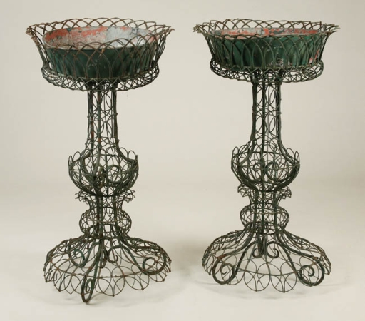 Lot image - Pair of Green Painted Wire Standing Jardinieres