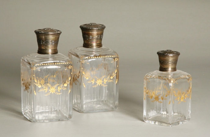 Lot image - Group of Three French Silver Mounted Parcel Gilt Glass Perfume Bottles