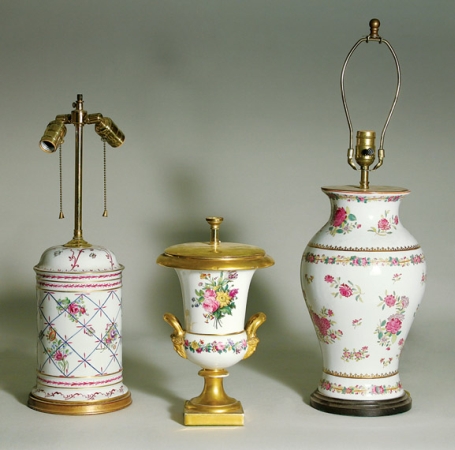 Lot image - Chinese Export Porcelain Urn; Together with a Paris Porcelain Urn-Form Lamp and a Porcelian Canister- Form Floral Lamp