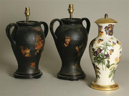 Lot image - Two Victorian Style Declomania Lamps; Together with a Glass Decoupage Lamp