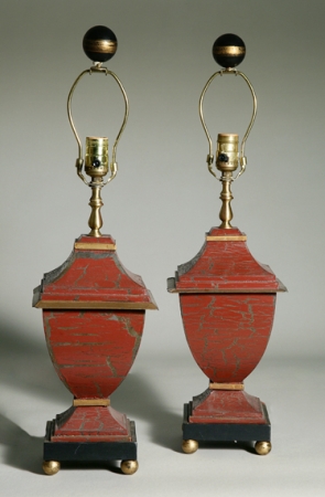 Lot image - Pair of Iron Red Crackled Tole Urns