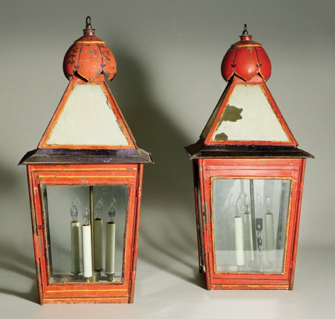 Lot image - Pair of Red Tole Four-Light Lanterns