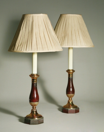 Lot image - Pair of Continental Red Tole and Brass Candlestick Lamps