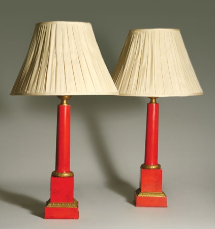 Lot image - Pair of Charles X Gilt-Bronze and Red Tole Columnar Lamps
