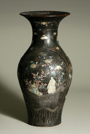Lot image - Chinese Black Painted and Mother-of-Pearl Inlaid Baluster-Form Urn