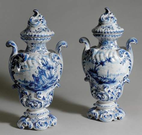 Lot image - Pair of Continental Faience Covered Vases