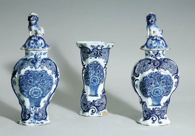 Lot image - Pair of Dutch Delft Covered Vases and Beaker