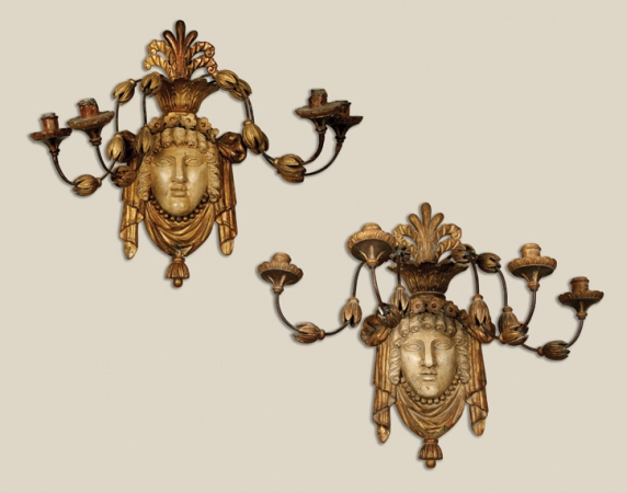 Lot image - Italian Neoclassical Style Painted and Parcel Gilt Four-Light Sconce; Together with Italian Neoclassical Style Resin Four-Light Sconce