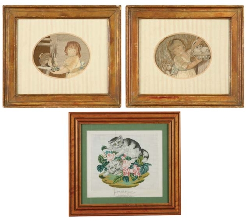 Lot image - Pair of English Silkwork Panels; Together with an English Paper Needlework Sketch