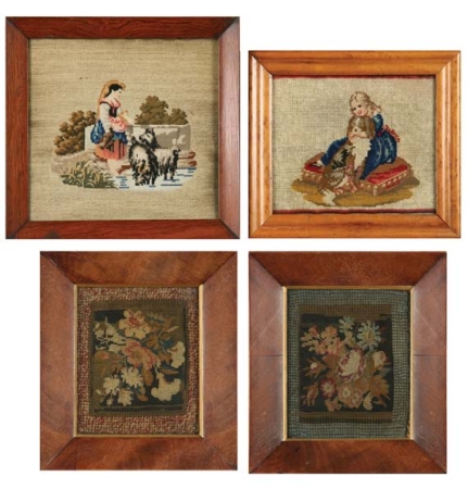Lot image - Pair of English Needlework Panels; Together with a Needlework Panel of a Shepherdess with Sheep Dogs; and a Little Girl with her Dog