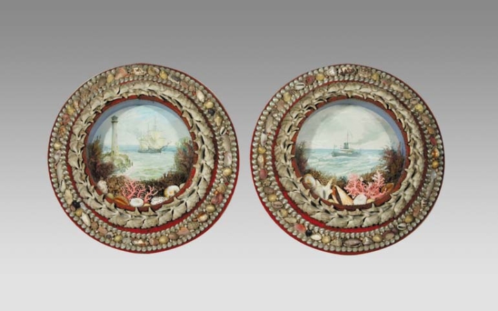 Lot image - Pair of Gouache and Shell Encrusted Shadow Boxes