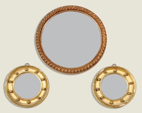 Lot image - Pair of George III Style Gilt-Wood Convex Mirrors; Together with a Gilt-Wood Rope Twist Mirror