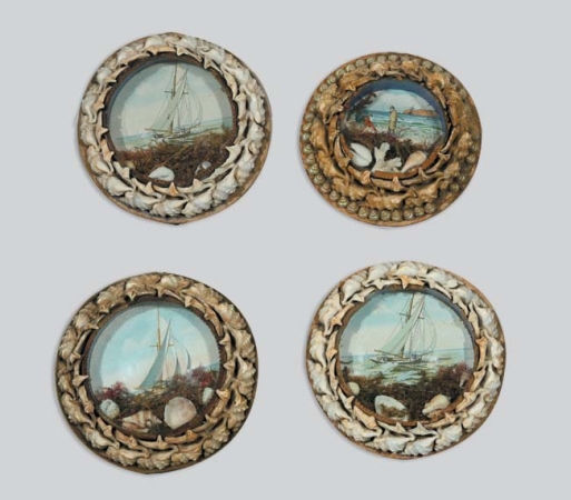 Lot image - Set of Three Shell Encrusted Nautical Print Shadow Boxes; Together with Another