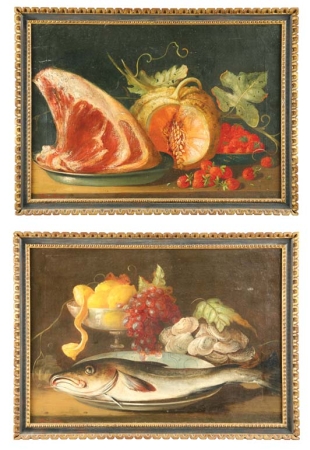 Lot image - Dutch School 19th Century Still Life with Meat, Mellon and Strawberries and Still Life with Fish, Oysters and Compote of Fruit: Two