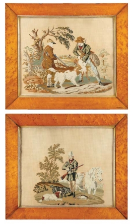 Lot image - Pair of English Needlework Pictures   Depicting men in period costume hunting with their dogs. 17 1/4 x 20 1/2 inches.