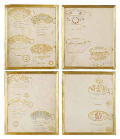 Lot image - English School Circa 1845 Designs for Porcelain Teacups, H&R Daniel Factory Four watercolors