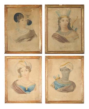 Lot image - After Cinti LAFRIQUE; LASIE; LEUROPE; LAMERIQUE Four hand-colored stipple engravings
