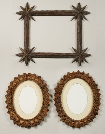 Lot image - Tramp Art Carved Wood Mirror; Together with a Pair of Victorian Leatherwork Oval Frames