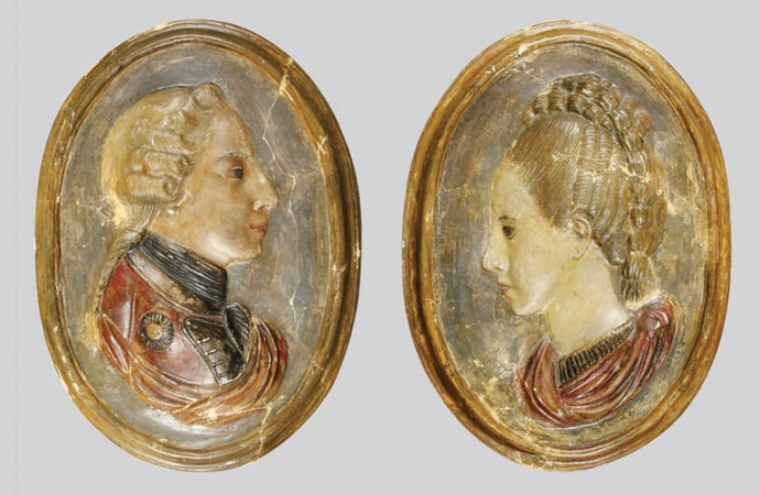 Lot image - Pair of Swedish Painted and Parcel Gilt Portrait Medallions