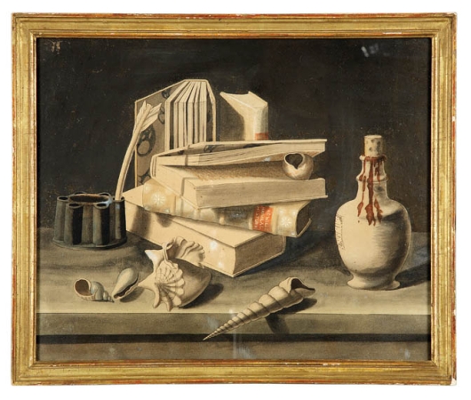 Lot image - Continental School 19th/20th Century Still Life with Books and Shells on a Marble Ledge