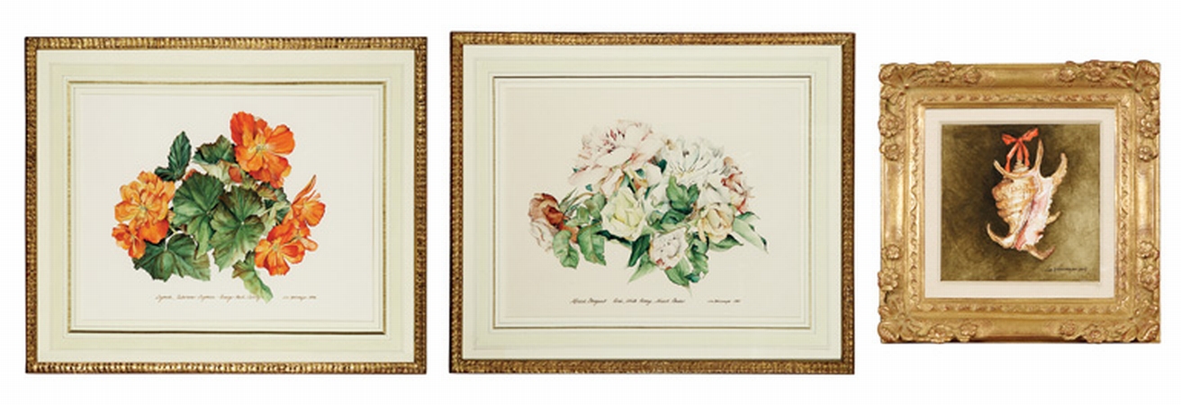 Lot image - James M. Steinmeyer Begonia, Tuberous Begonia, Orange-Red Variety, 1986 and Mixed Bouquet, Pink: Two; Together with Conch Shell