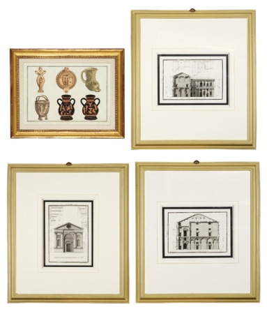 Lot image - Mugnon [ARCHITECTURE STUDIES] Three engravings; T/w Artist Unknown [ANTIQUE VASE STUDIES], hand-colored engraving (4)