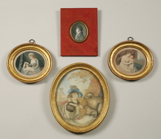 Lot image - Englsih Pencil and Needlework Picture; Together with a Pair of Engravings and an Engraved Portrait Medallion of a Gentleman