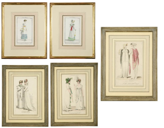 Lot image - R. Phillips, pub.  LONDON WALKING DRESSES; WALKING DRESS, FULL DRESS Two hand-colored engravings; t/w 3 Other Fashion Engravings (5)