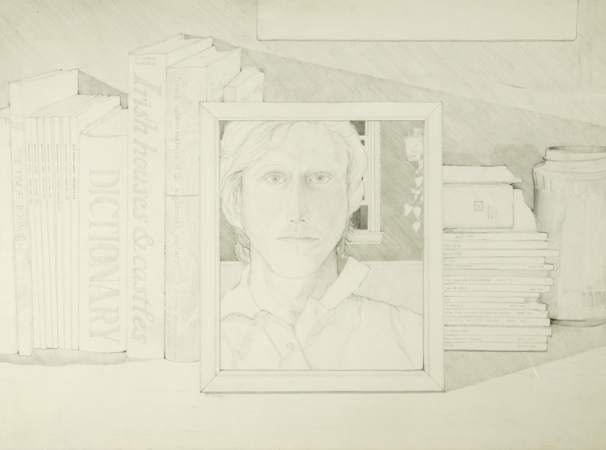 Lot image - James M. Steinmeyer Still Life Portrait of a Man Amidst Books Signed (ml) and dated 1973 22 x 30 inches