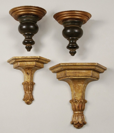 Lot image - Pair of Painted and Parcel Gilt Brackets; Together with Two Gilt-Wood Brackets