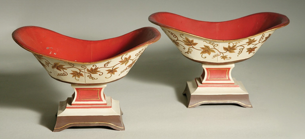Lot image - Pair of Continental Painted Tole Jardinieres   Each bucket-shaped bowl raised on a tapering base and decorated with grape le...