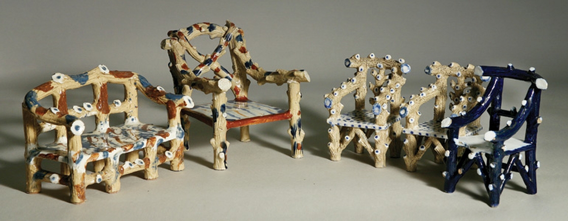 Lot image - Group of Five English Glazed Pottery Miniature Seat Furniture