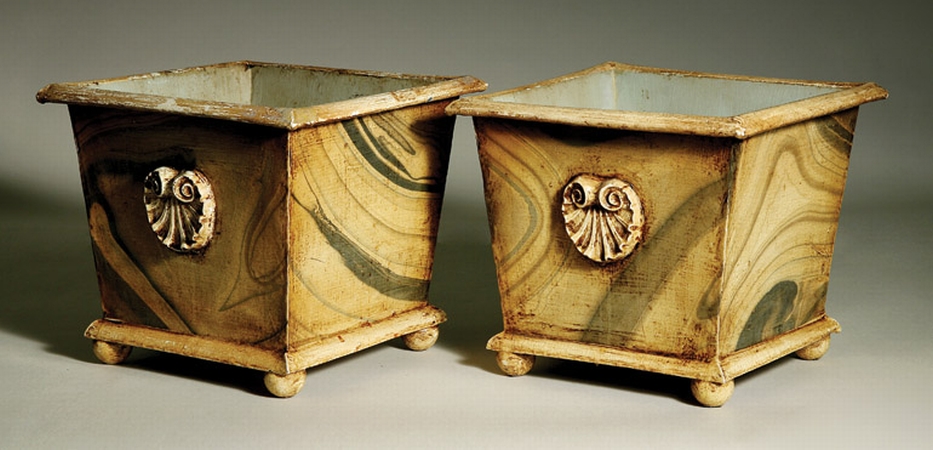 Lot image - Pair of Faux Marble Tole Jardinieres