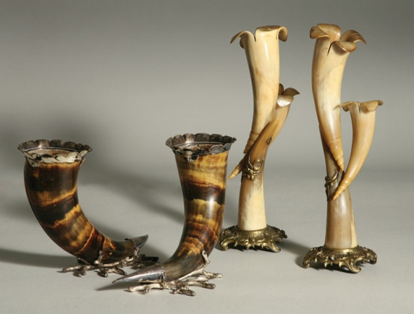 Lot image - Pair of Victorian Silvered Metal Mounted Horn Cups; Together with a Pair of Victorian Gilt-Metal Mounted Horn Carved Vases