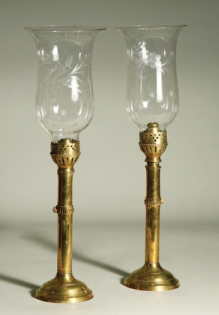 Lot image - Pair of English Brass Adjustable Candlesticks with Hurricane Shades