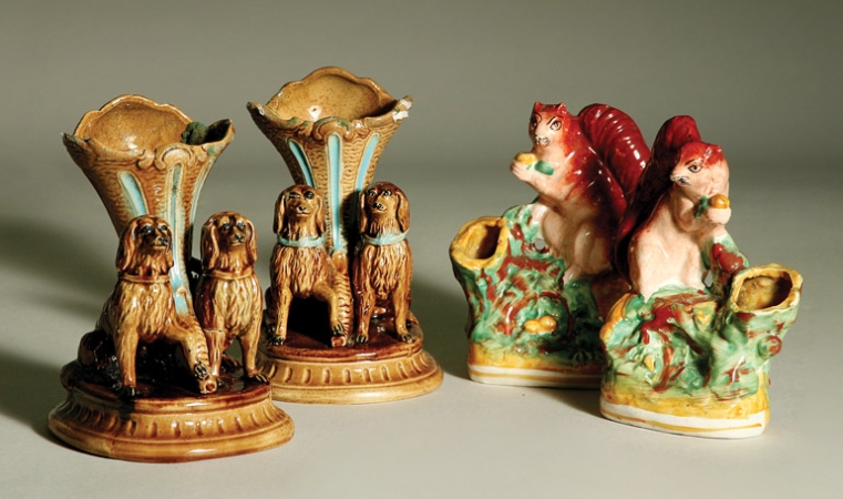 Lot image - Pair of Continental Brown Glazed Pottery Vase; Together with a Pair of ENglish Glazed Pottery Vases