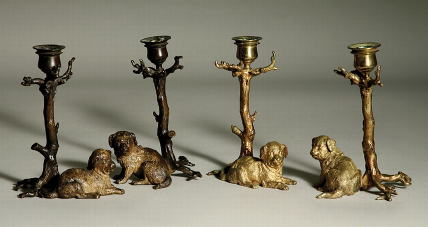 Lot image - Pair of Gilt-Bronze Dog and Tree Form Candlesticks; Together with a Pair of Patinated-Bronze en Suite.