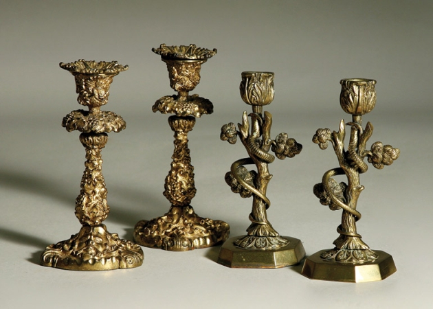 Lot image - Pair of Continental Gilt-Bronze Candlesticks; Together with a Pair of Gilt-Bronze Tree Trunk Form Candlesticks
