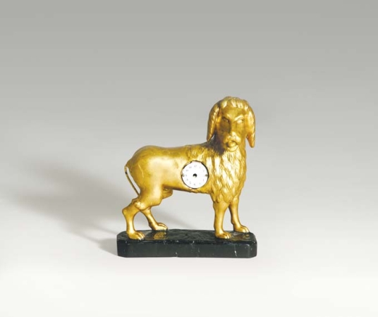 Lot image - English Gilt-Wood Dog-Form Mantel Clock