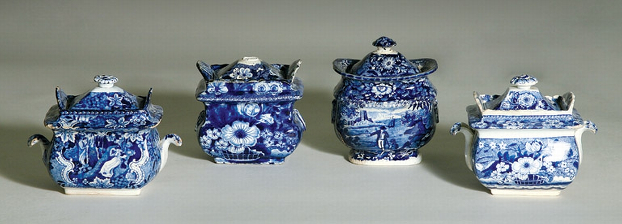 Lot image - Group of Four English Porcelain Transferware Covered Sugar Bowls