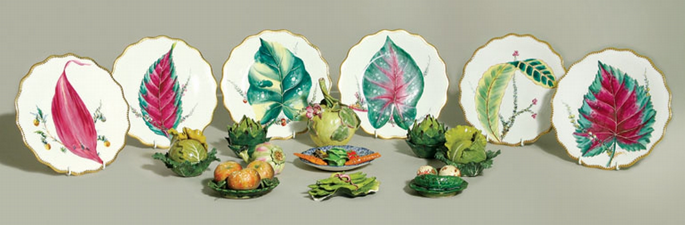 Lot image - Miscellaneous Group of Seven Glazed Pottery Vegetables; Together with Three Continental Glazed Pottery Plates & Set of Luncheon Plates