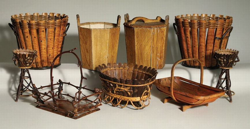 Lot image - Miscellaneous Group of Nine Rustic Wood Flower Pots and Baskets