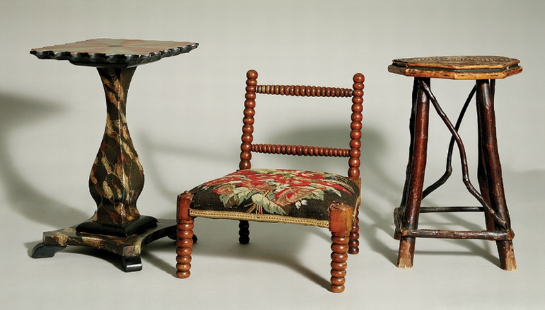 Lot image - Faux Marble Low Table; Together with a Victorian Mahogany Miniature Chair with Needlework Cushion and a Twig-Form Low Table