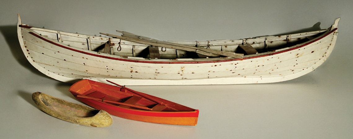 Lot image - Gray Painted Model of a Rowboat; Together with a Balsa Wood Smaller Model of a Rowboat and a Painted Model of a Canoe