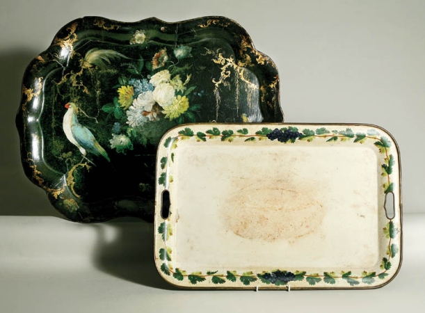 Lot image - Victorian Papier Mache Tray; Together with a painted tole tray with borders of grapes