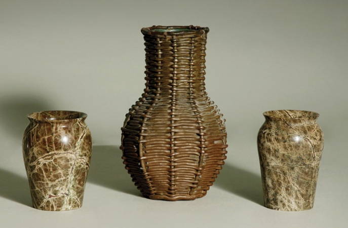 Lot image - Pair of Scottish Marble Vases; Together with a Brown Glazed Pottery Faux Bamboo Decorated Vase