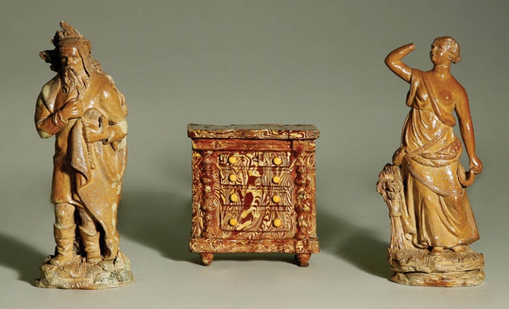 Lot image - Pair of Tin Glazed Pottery Figures of Winter and Autumn; Together with a Marbleized Glazed Ceramic Miniature Chest of Drawers